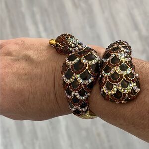 Vintage Elegant Crystal Gold Red & Brown Peacock Bracelet Marked CN